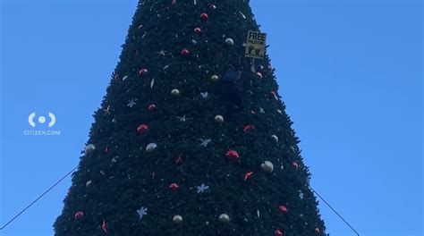 Pro-Palestine protestor climbs on Christmas tree in Union Square, SFPD responds